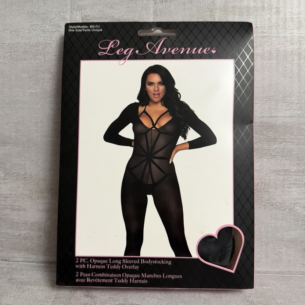 2 Piece Opaque Long Sleeve Bodystockings w/ Harness Teddy Overlay, Model‎ 89151